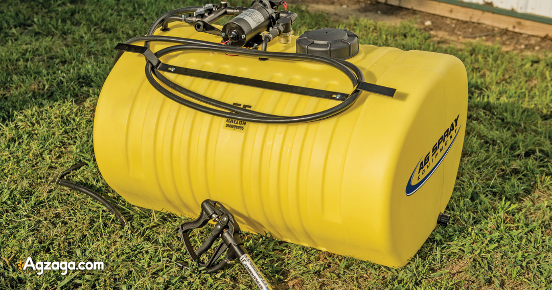 Boom sprayer with labeled GPM and PSI rating on pump housing