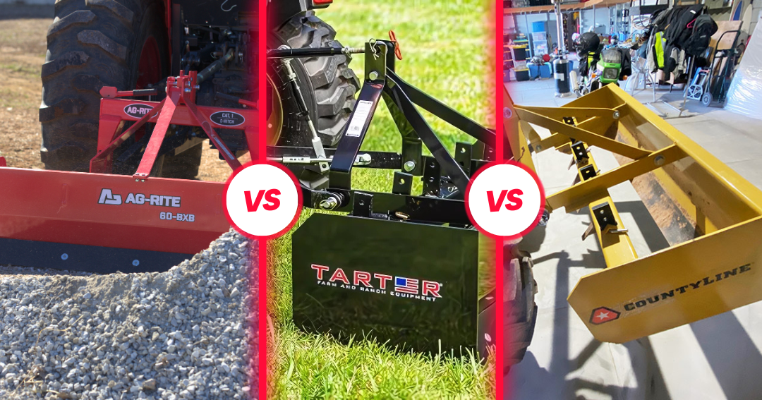 Side-by-side photo of Ag-Rite, Tarter, and CountyLine box blades