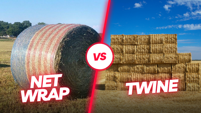 Side-by-side comparison of twine-wrapped vs net-wrapped hay bales